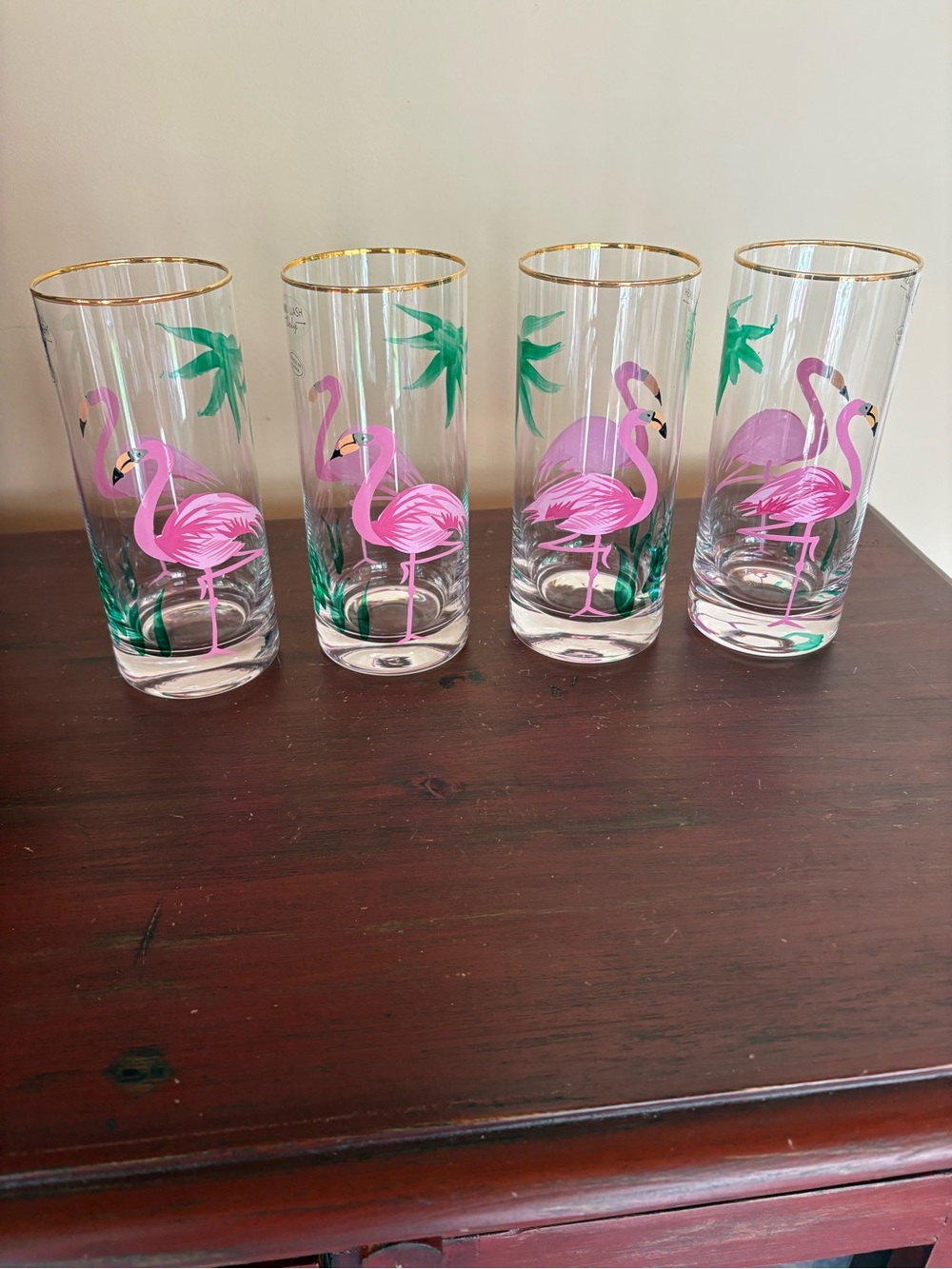Set of 4 Flamingo Highball Glasses Gold Rim Tropical Tiki Barware